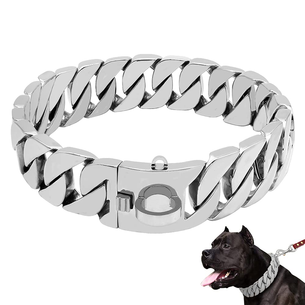 LINGYUN Goldkette Hundehalsband Hochleistungs-Choke Kubanische Hundekette für Große Hunde, 30 Mm Breite, Hundehalsband, Starke Stahlmetallglieder für Große Rassen,Silber,50CM/19.5in