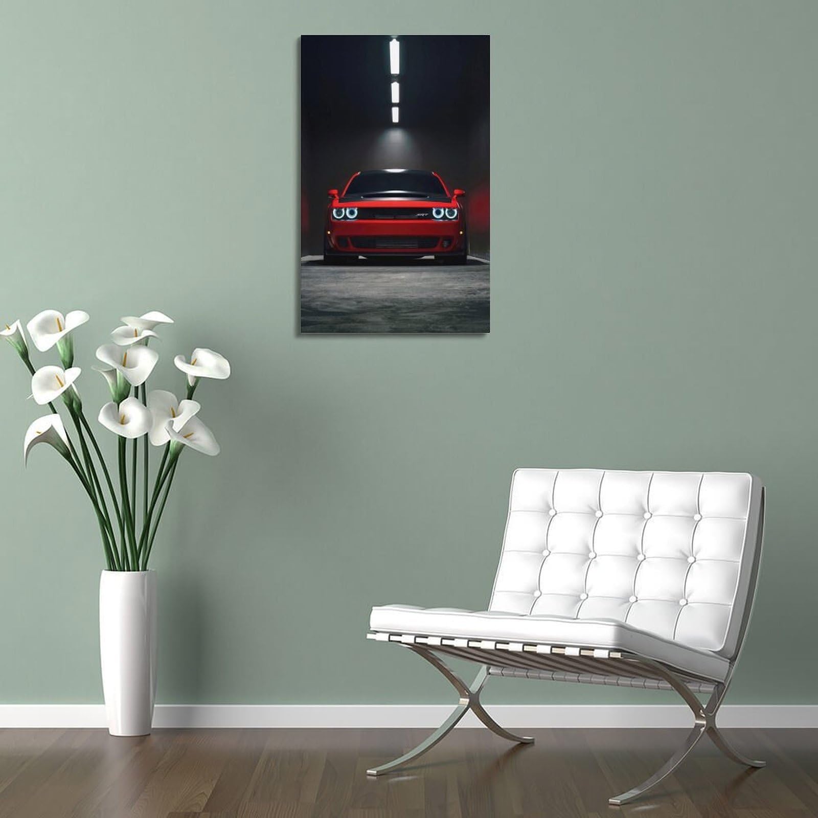 Poster con auto muscolosa Challenger SRT American Automotive Underground Garage Lighting, poster decorativo da parete su tela e stampa artistica moderna per camera da letto, poster decorativo per la