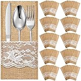 Windyun 100 Pcs 4.1 x 8.9 Inch Wedding Natural Burlap Lace Utensil Holders Pouch Burlap Silverware Cutlery Pouch Tableware Holder Bag for Rustic Wedding Bridal Shower Decorations