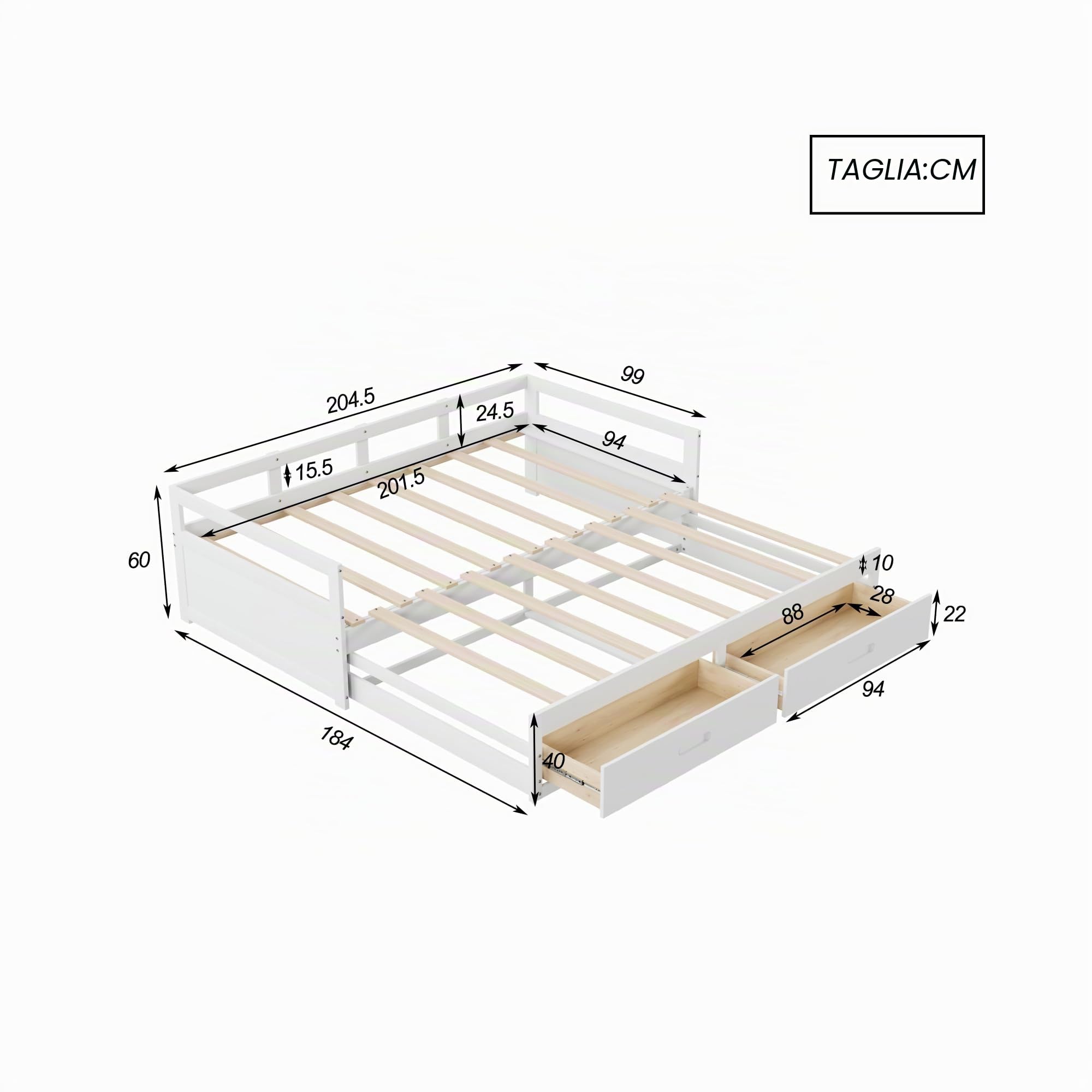Letto Giorno Divano Letto Estensibile 90/180 x 200 cm, Letto Giorno con Cassetti e Reti a Doghe, Letto per gli ospiti (Bianco)