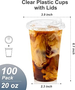 Dealusy 100 Pack - 20 oz Clear Plastic Cups with Sip Lids