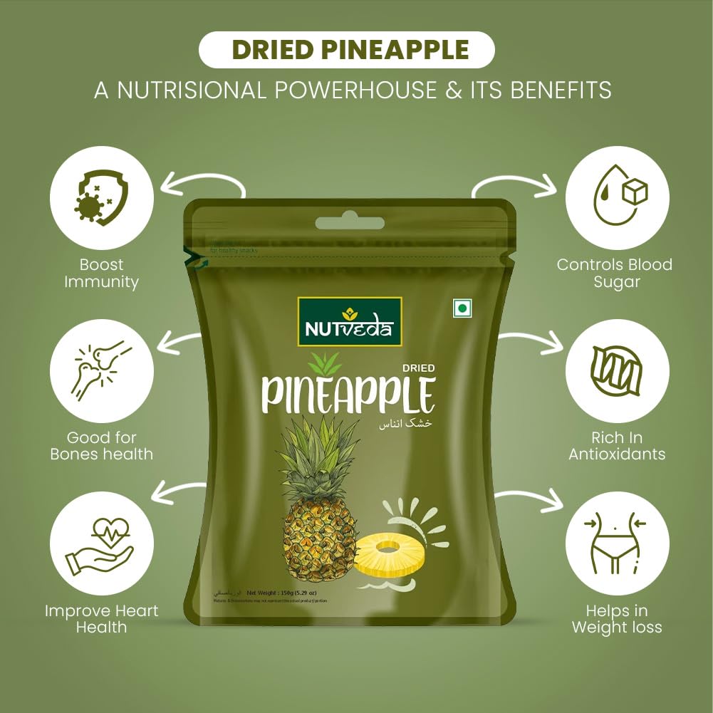 NUTVEDA Dried Pineapple Fruit (Ananas) 150g - Loaded With Nutrients | Natural Immunity Booster | High in Antioxidants, Vitamin C, Calcium & Magnese| Healthy Snacks for Breakfast Morning Cereals, Oat Meals & Salad Garnishing - Image 5 thumbnail