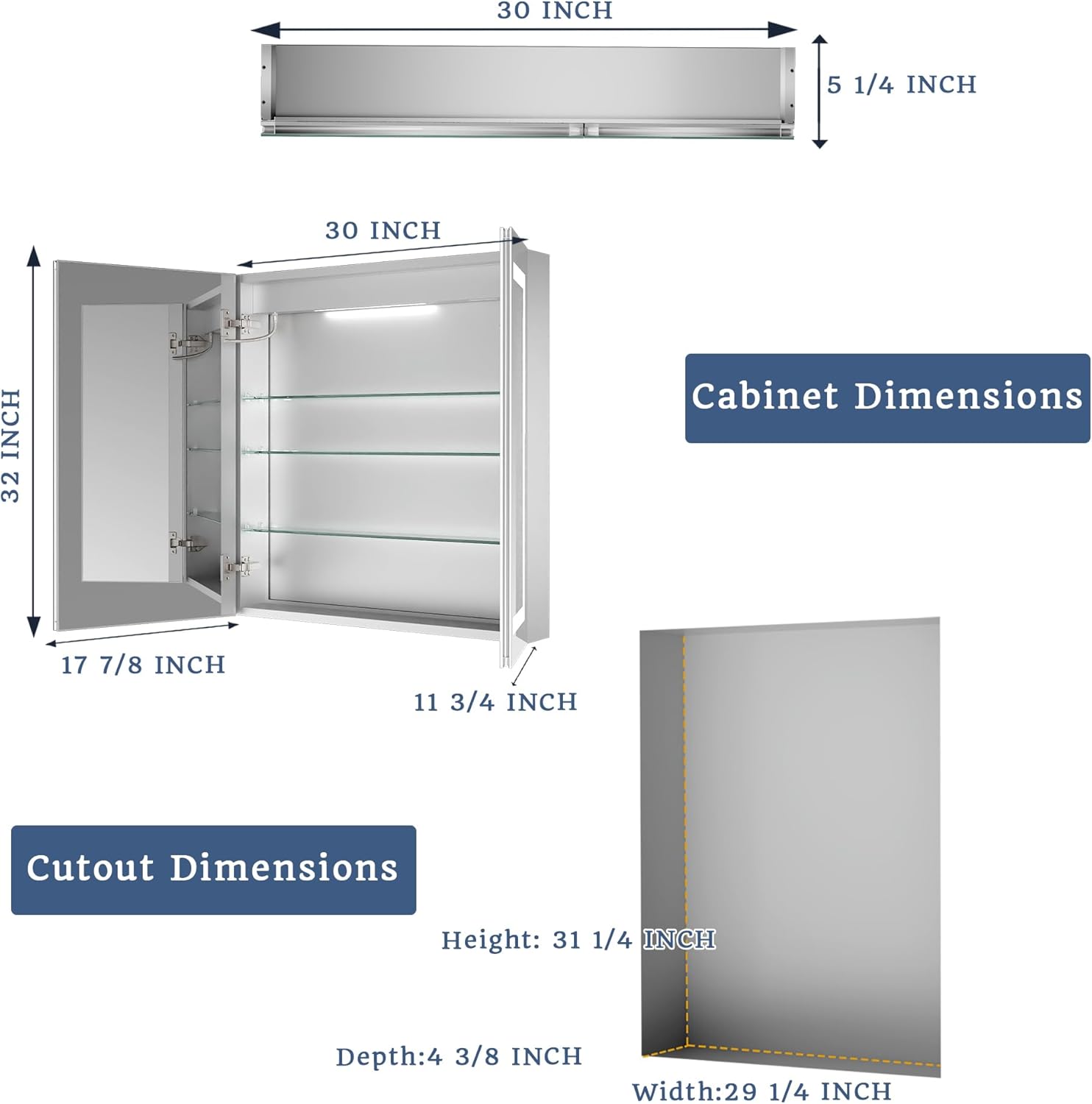 ExBrite 30"x32" Lighted Medicine Cabinet,Recessed/Surface LED Medicine Cabinet, Clock & Temp Display, Defog, Stepless Dimming, 3-Color Temp, Night Light,Built-in 6000K Sensor Light