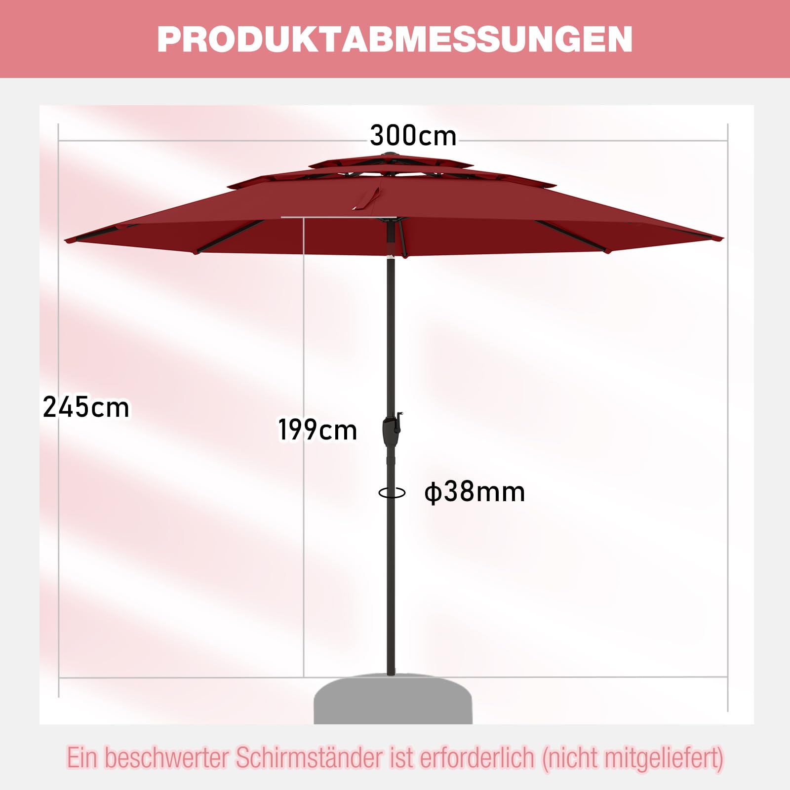 COSTWAY Sonnenschirm windfest stabil, 300 cm Gartenschirm mit Kurbel, beidseitig um 30° knickbar, UV-Schutz, Terrassenschirm belüftet, Marktschirm für Terrasse, Garten, Balkon (Weinrot)