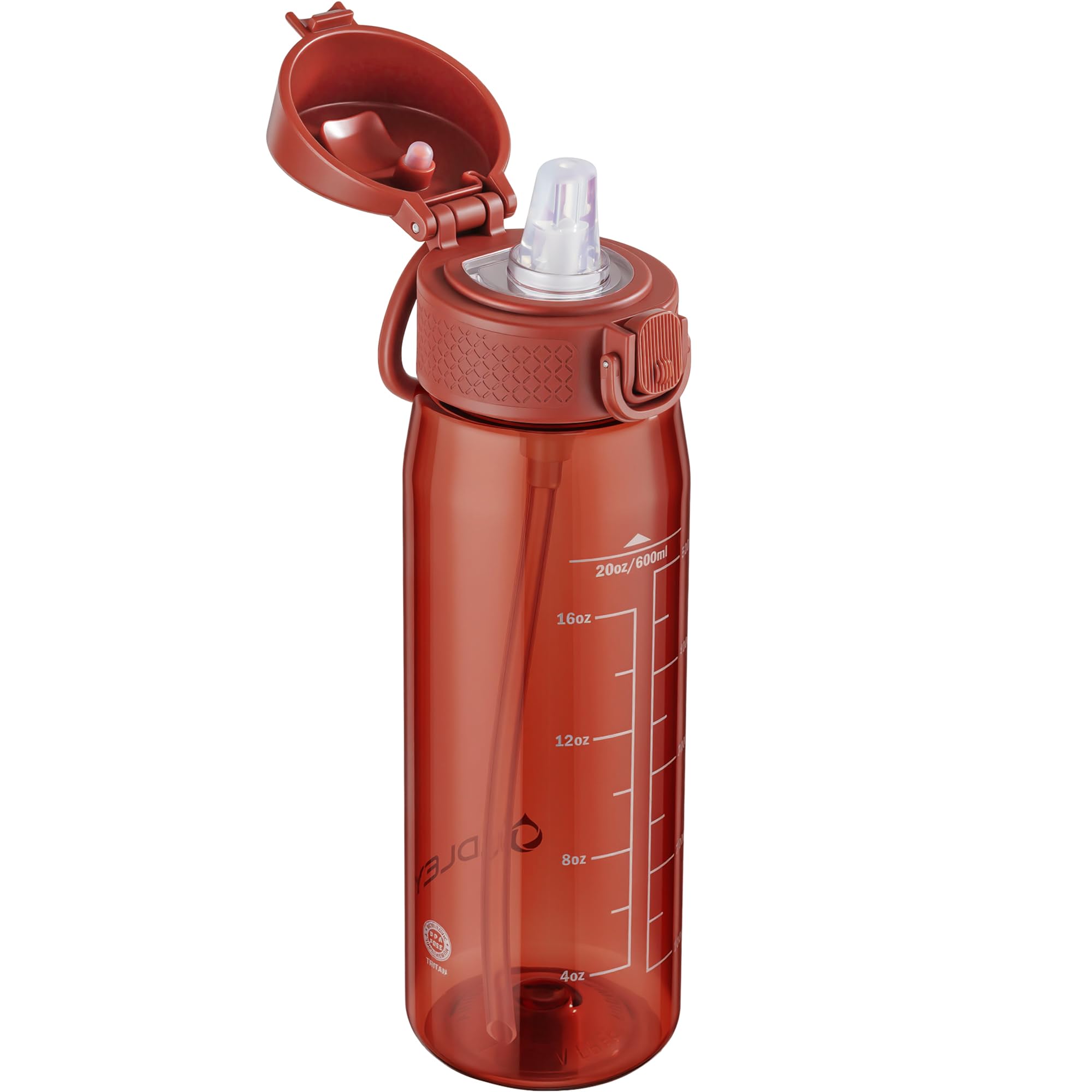 Oldley Dark Red 600Ml/20Oz Water Bottles With Straw Leakproof Tritan Water Bottle With Handle Bpa Free Time Marker Sports Drinking Bottle For School, Travel, Sports (Dark Red)