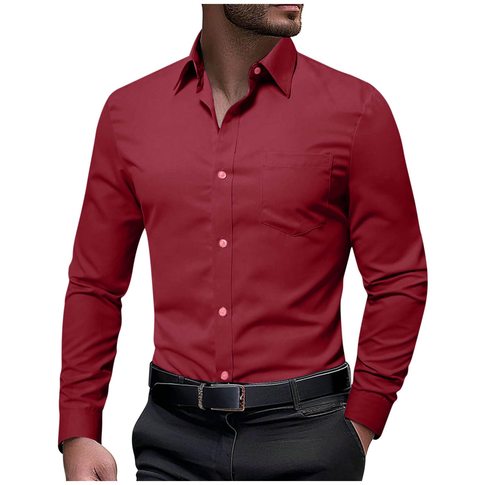 Mens Dress Shirts Long Sleeve Button Down Formal T-Shirts Lapel Collar Regular Tees Business Casual Wedding Shirt