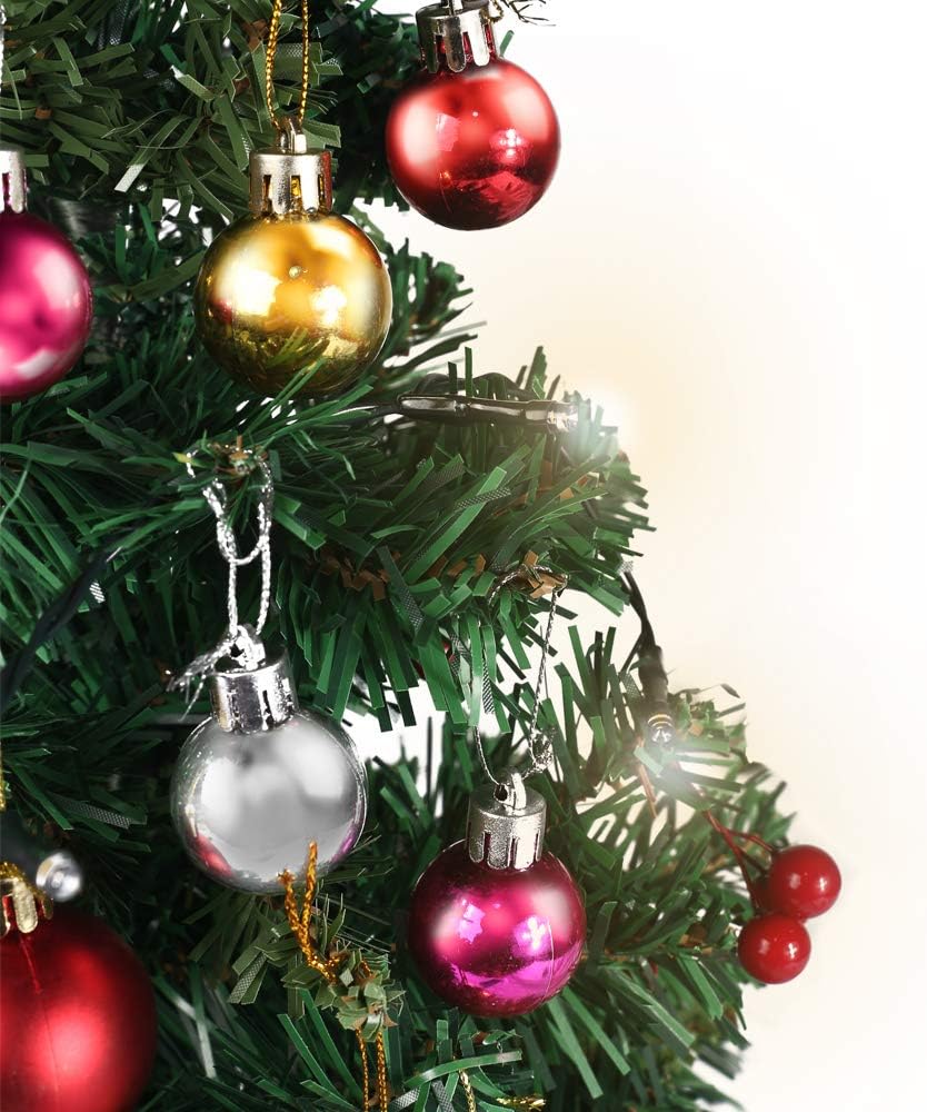Amagoing 24"/60cm Small Artificial Mini Tabletop Christmas Tree with 50 LED String Lights, 28 Christmas Hanging Ornaments and Wooden Base for Holiday Decoration