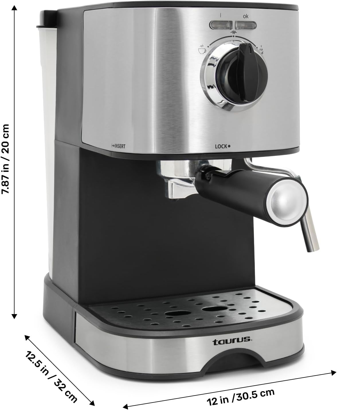 Taurus Euforia Espresso Coffee Maker with dimensions labeled