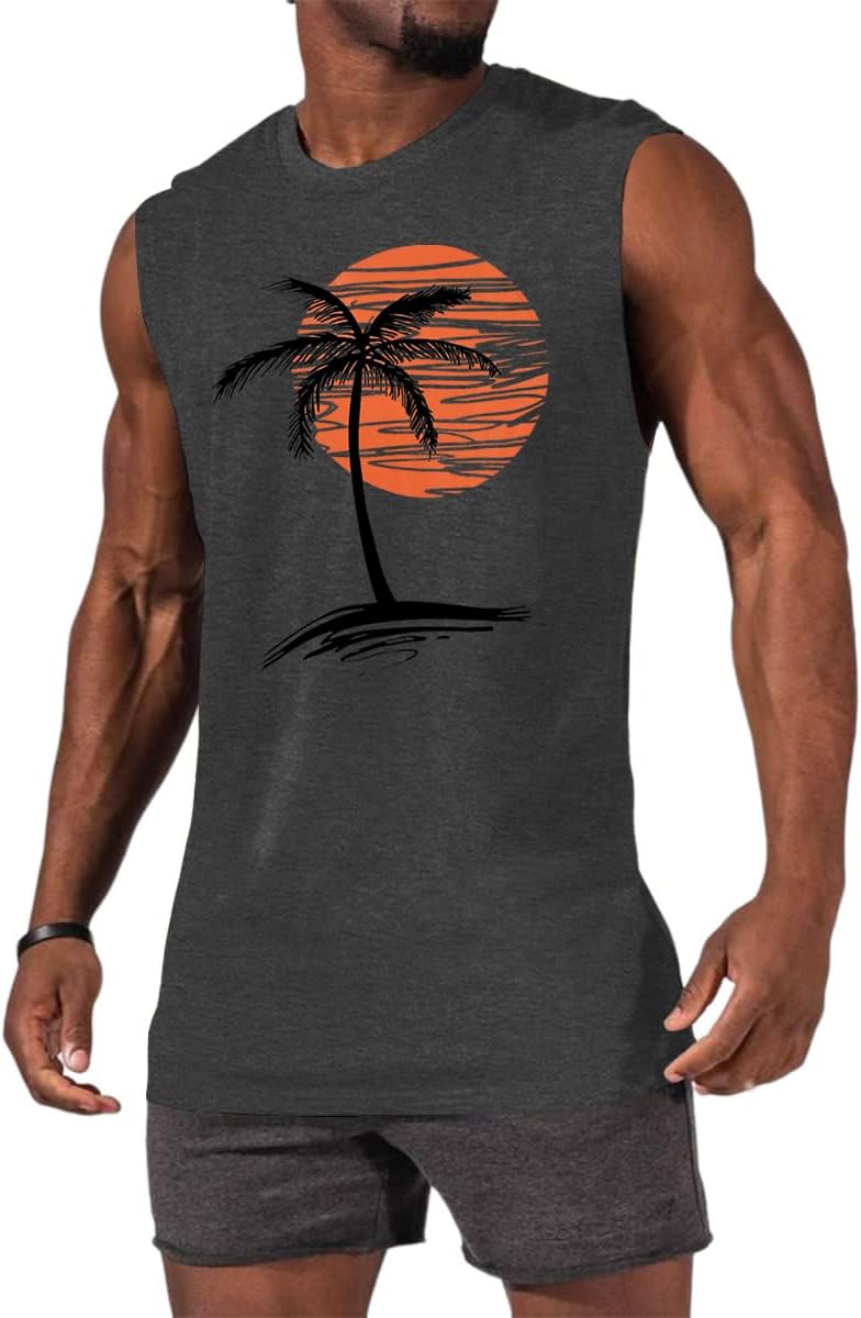 Mens Summer Beach Tank Top Tropical Hawaiian Palm Tree Print Sleeveless Shirts Muscle Tee Vacation Shirts - Image 2