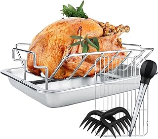 Turkey Roaster Roasting Rack with Pan Stainless Steel Roasting Pan with U Rack and Flat Rack for Smoker Smoking/Dual Purpose fit for Large Big Green Egg and Kamado Joe Etc