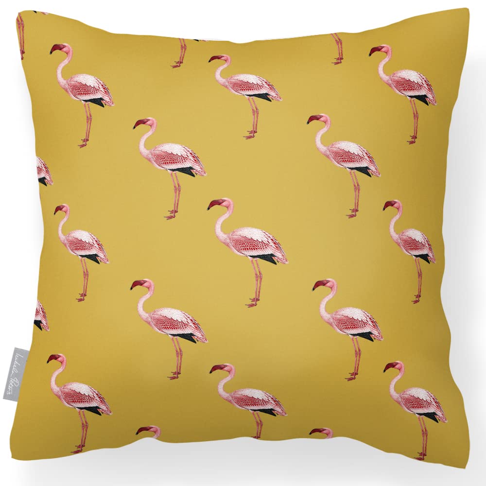 Izabela Peters Flamingos - Mustard Outdoor Cushions Waterproof, 43 Cm, Filled Outdoor Cushion, Garden Furniture Cushions, Outdoor Seat Cushions, Garden Chair Cushions