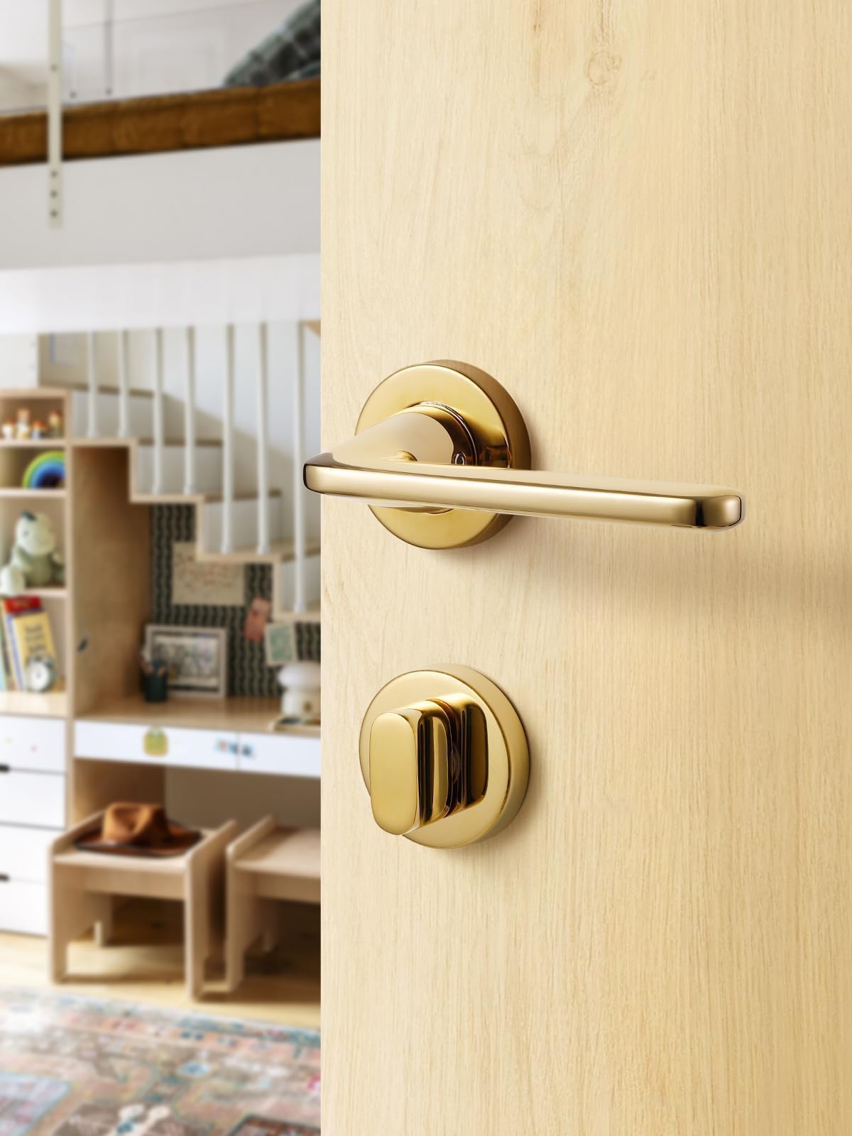 SORWDUERM Gold Door Handle Set, Matte Brushed Stainless Steel, L Shape Round Rosette WC Profile Cylinder for Front & Interior Doors - Image 3