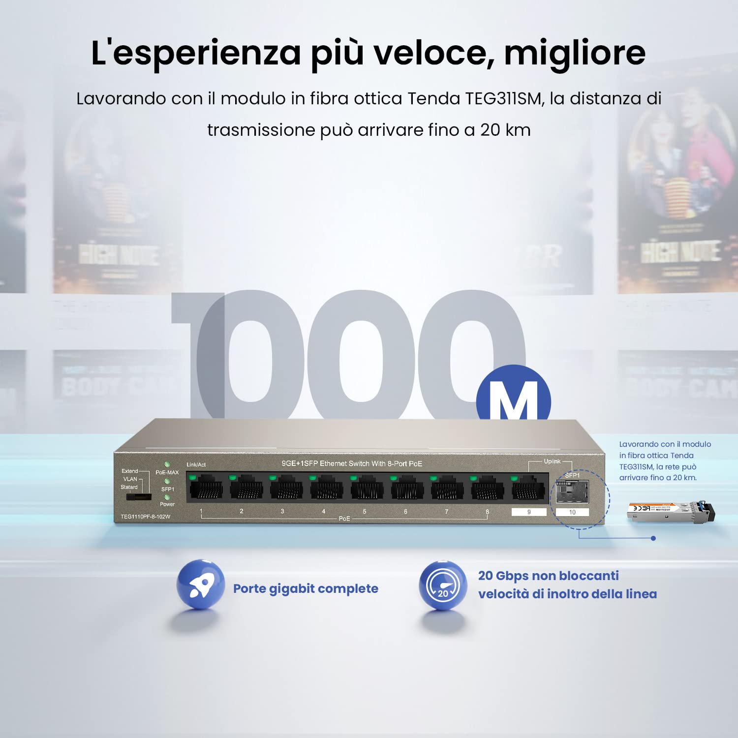 Tenda Switch PoE a 10 porte Gigabit Ethernet LAN con 8 porte PoE+, 1 porta uplink e 1 porta SFP (92 W, VLAN, portata fino a 250 m, switch di rete IEEE-802.3af/at, Plug and Play) (TEG1110PF-8-102W)