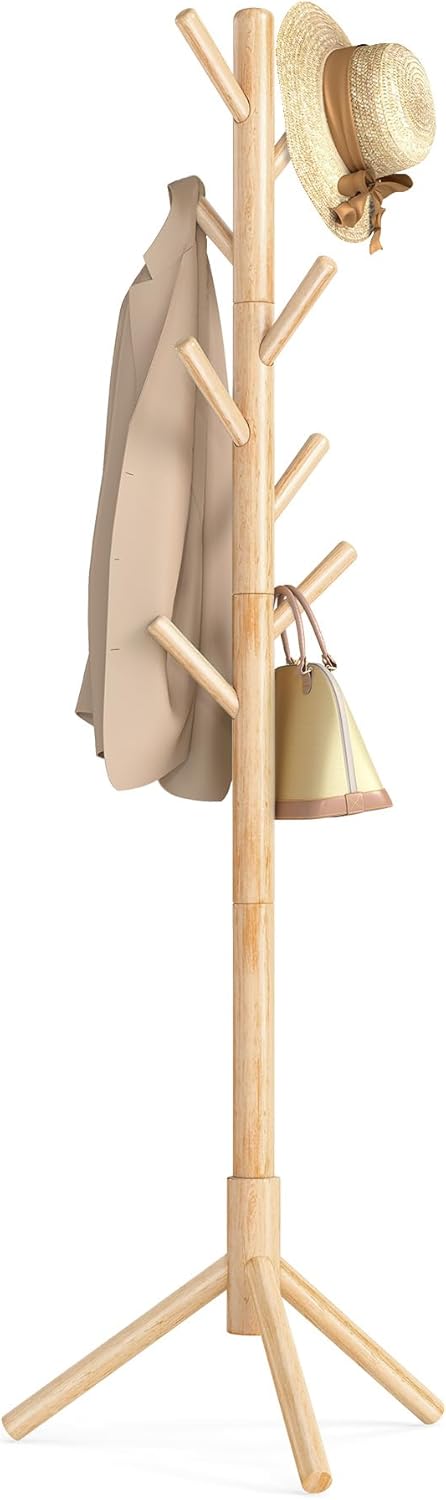 VASAGLE Attaccapanni, Appendiabiti da Terra in Legno, 8 Ganci, per Cappotti Cappelli Borse, per Ingresso, Ganci e Palo in Legno di Gomma, Naturale RCR004N01