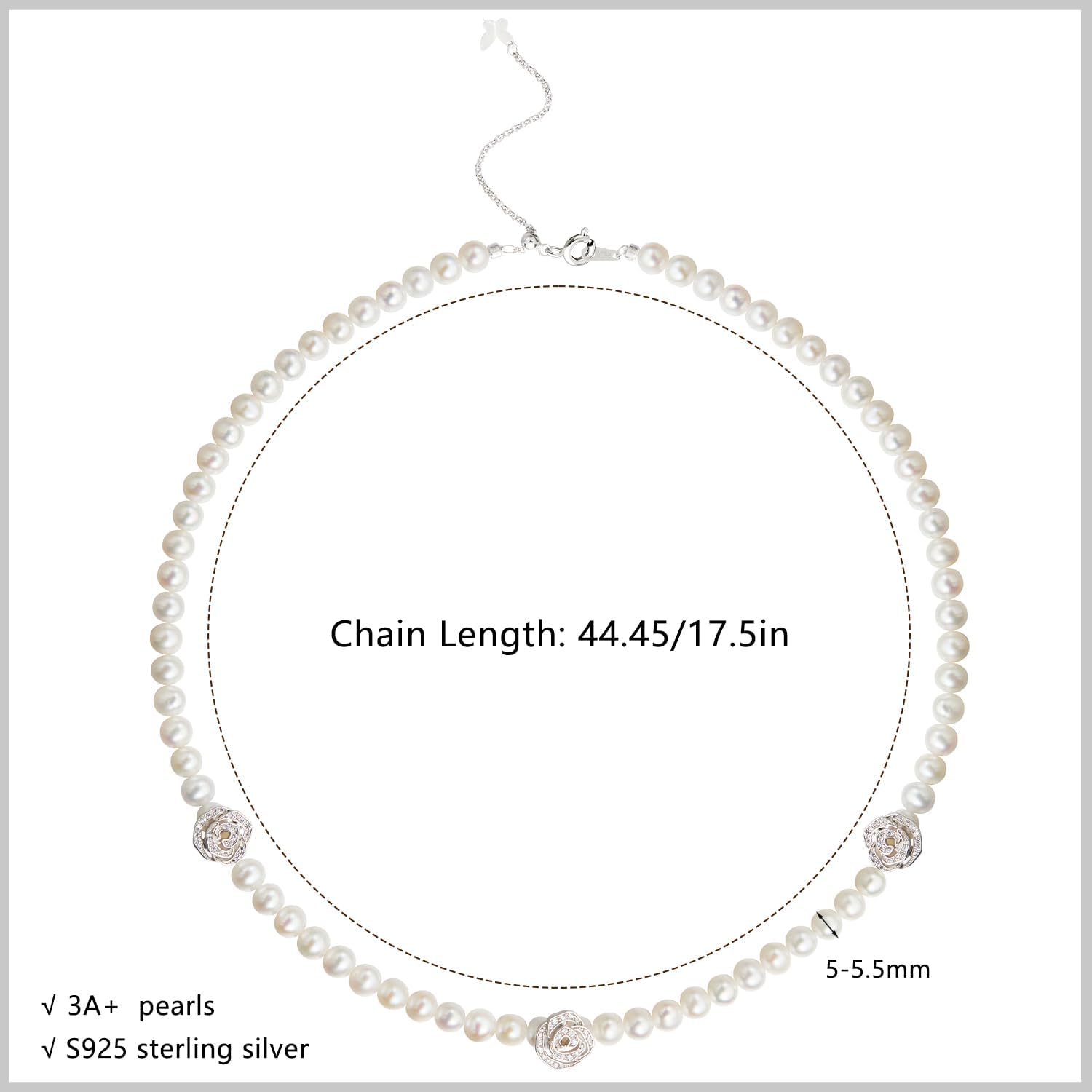 Pearl Necklace for Women, 18.11 Inch Freshwater Pearls Necklace, Sterling Silver Rose Pearl Button, Dainty Minimalist Perfect Jewelry Gift - Image 2