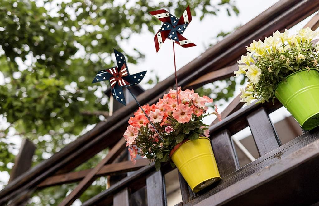 Metal Wind Spinner Patriotic Garden Stake Set - American Flag Windmill Yard Pinwheels July 4th Decorations for Lawn Party (Set of 2)