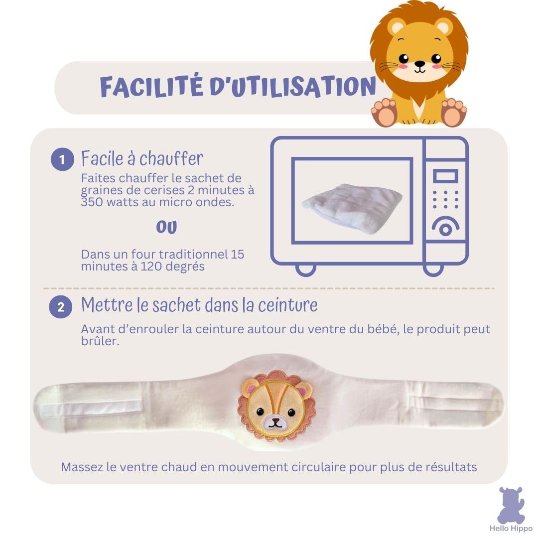 Hello Hippo - Bouillotte Noyaux de Cerise Bébé - Ceinture Chauffante Sèche Anti-Colique pour Nourrisson, Micro-Ondes ou Four, Hypoallergénique et Lavable (Lion)