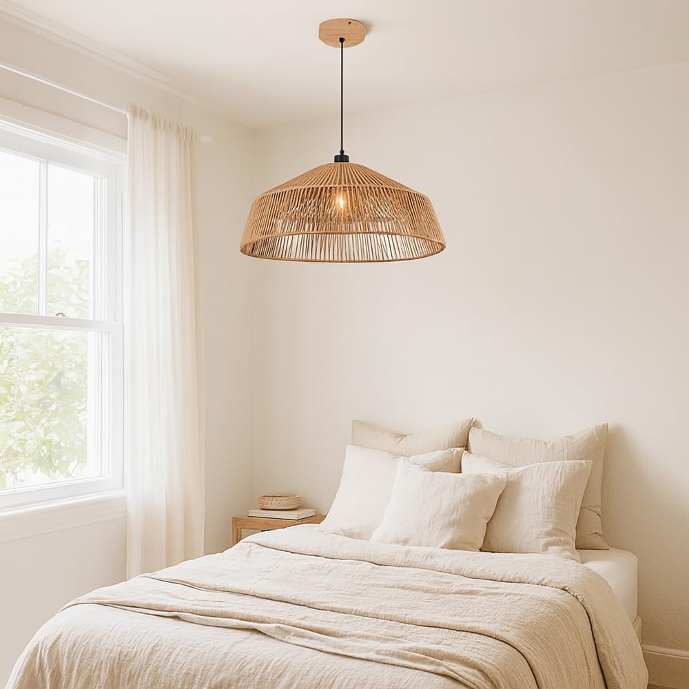 Lampadario a Sospensione in Stile Boho 40/50cm, Paralume in Rattan/Filo di Corda, Attacco E27, Altezza Regolabile, Illuminazione per Cucina Soggiorno Sala da Pranzo – Naturale LP-48 (G 50CM)