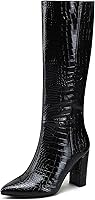 Modatope Women's Knee High Riding Boots - Faux Crocodile GoGo Chunky Block Heel, Pointed Toe Tall Boots Sizes 6-11