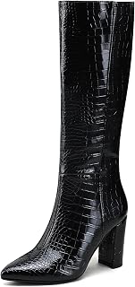Modatope Women's Knee High Riding Boots - Faux Crocodile GoGo Chunky Block Heel, Pointed Toe Tall Boots Sizes 6-11