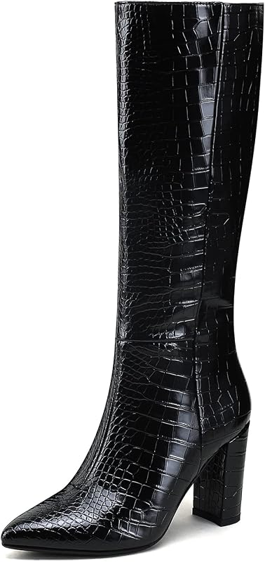 Knee High Women's Riding Boots - Tall, Long Calf High GoGo Chunky Faux Crocodile Boots - Block Heel Pointed Toe - Size 6-11