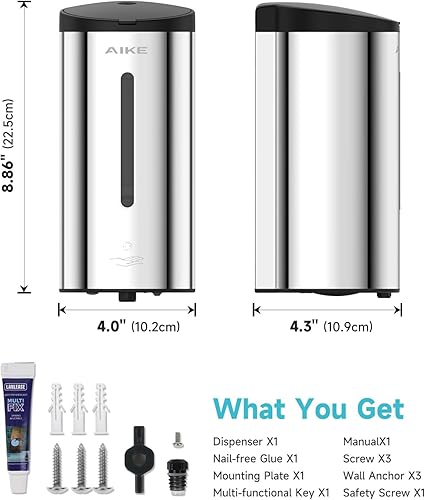 Miniatura 9 de AIKE Dispensador automático de jabón de espuma de montaje en pared 25 OZ comercial de gran capacidad de acero inoxidable modelo AK1205FA (pulido)