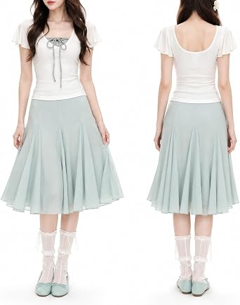 Fcteap Coquette Balletcore 2 Piece Skirt Set for Women Bow Front Short Sleeve Top & Mint Pleated Midi Summer Outfit Cute