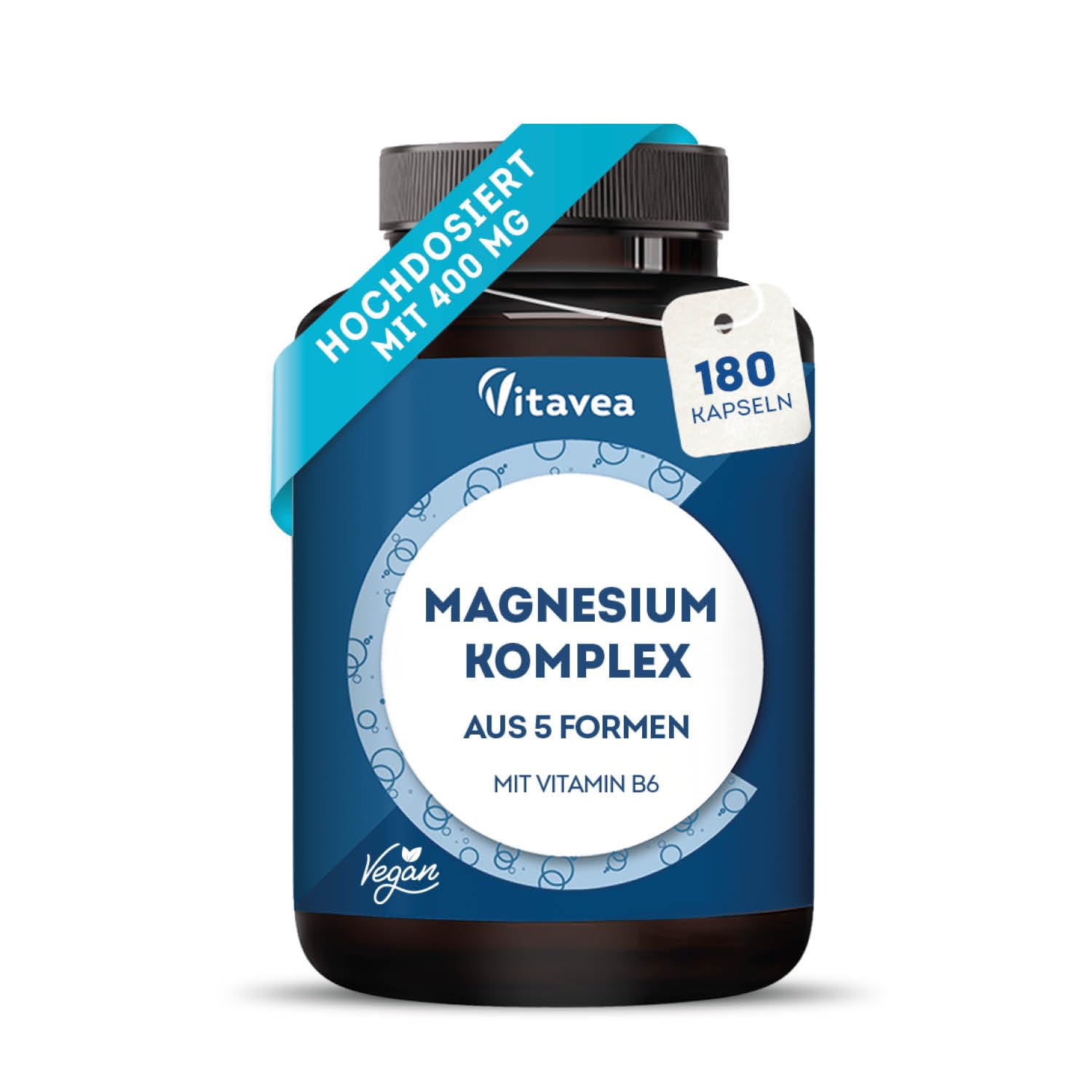 Magnesium Komplex hochdosiert 180 Kapseln - 400mg elementares Magnesium pro Tagesdosis, 5 hochwertige -Formen - Magnesiumcitrat, Bisglycinat, Oxid- Mit Vitamin B6, Vegan, Vitavea