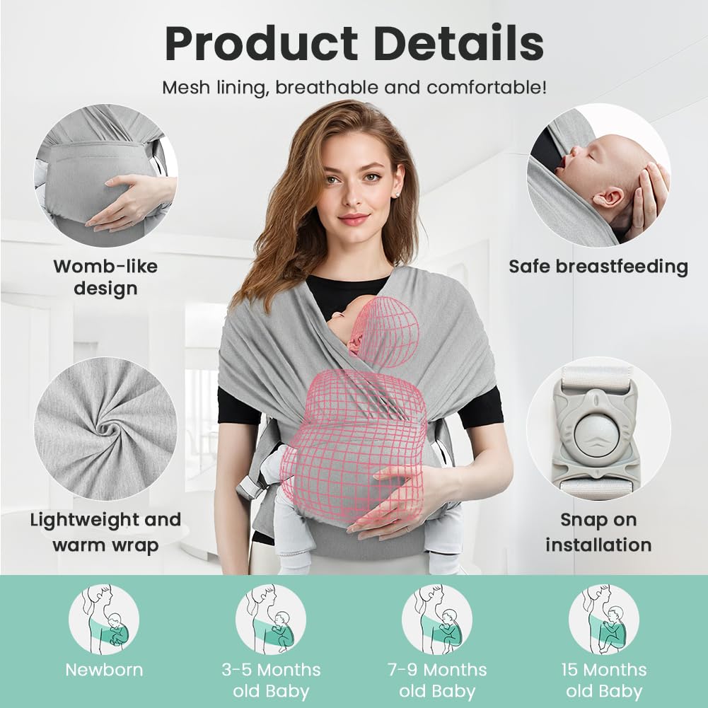 AOOWU Babytrage Tragetuch Baby Neugeborene bis 15 kg - Freihändiges Babytragetuch -Einfach Anzuziehen für Mütter und Väter - Babytrage Multi-Use Babywickel Träger(Hellgrau, Schnallenstil)