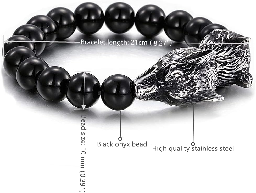Mens Womens 10MM Black Onyx Beads Chain Free Inspirational Talisman Amulet Jewelry Bangle Bracelet, Stainless Steel Vintage Wolf Head Charms - Image 2