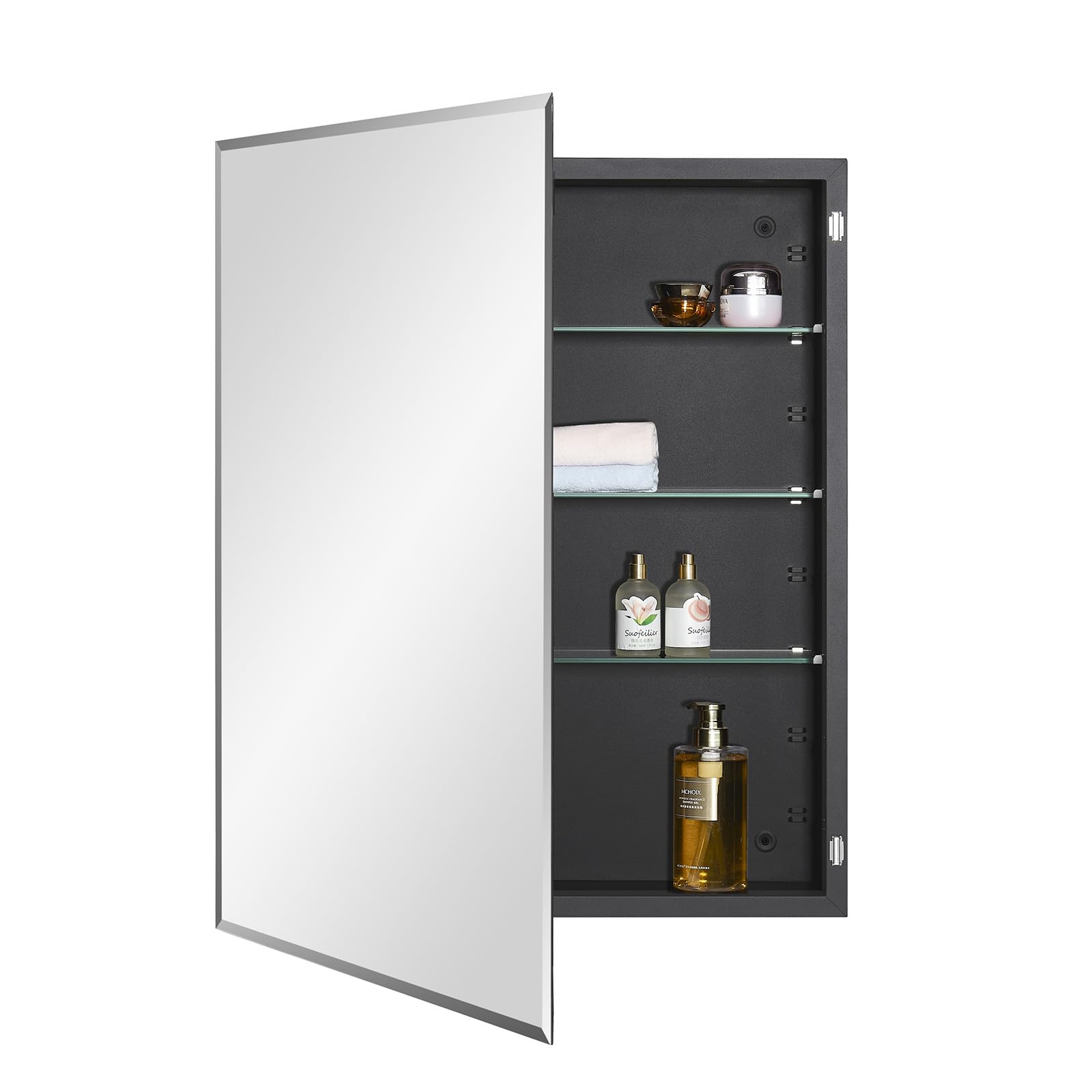 IDYLLOR Black Bathroom Medicine Cabinet with Beveled Edge Mirrored Door 24 x 30 inch, Recessed or Surface Mount, with Adjustable Glass Shelves