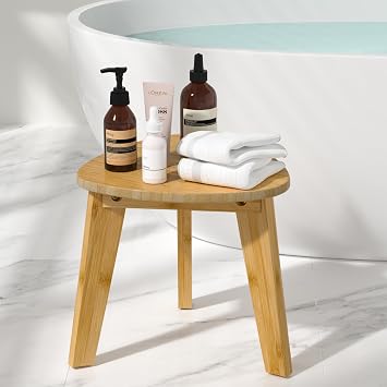 Domax Beautiful Bamboo Shower Bench for Inside Shower - 12 inch Non-Slip Waterproof Shower Stool for Shaving Legs Small Corner Shower Foot Rest Bathroom Bath Seat Spa Foot Rest Shaving Stool, Natural