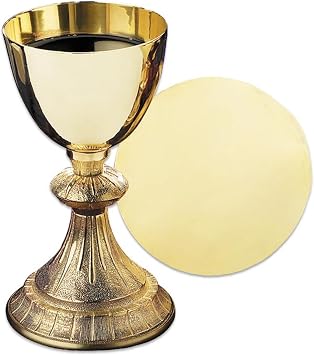 Church Gold Plated Brass Chalice & Paten, 12 Ounce, Dual Finish Stem & Bowl