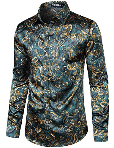 Image of ZEROYAA Men's Luxury Printed Silk Like Satin Button Down Dress Shirt for Party Prom