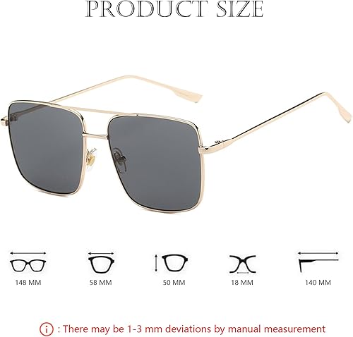 Miniatura 7 de Gafas de sol cuadradas de gran tamaño para mujeres y hombres, doble puente de metal, lente de espejo plano