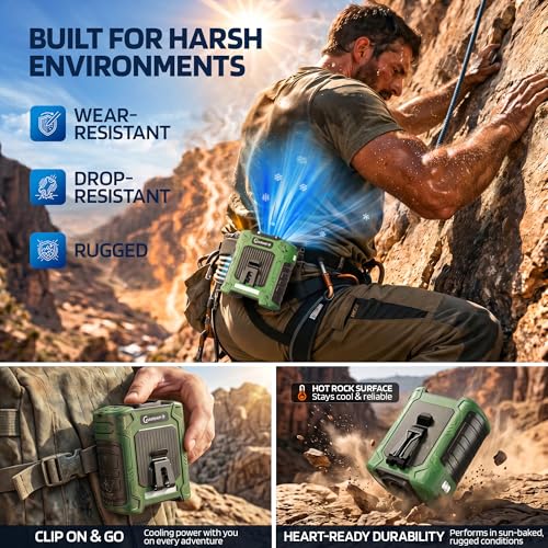 Waist Fan, 10000mAh Rechargeable Belt Clip Fan, 59ft/s Airflow, 18500RPM 6-Speed, Up to 35H, 8-in-1 Hands-Free Personal Cooling with Bottom Air Intake, LED SOS Light for Camping, Travel, Jobsite