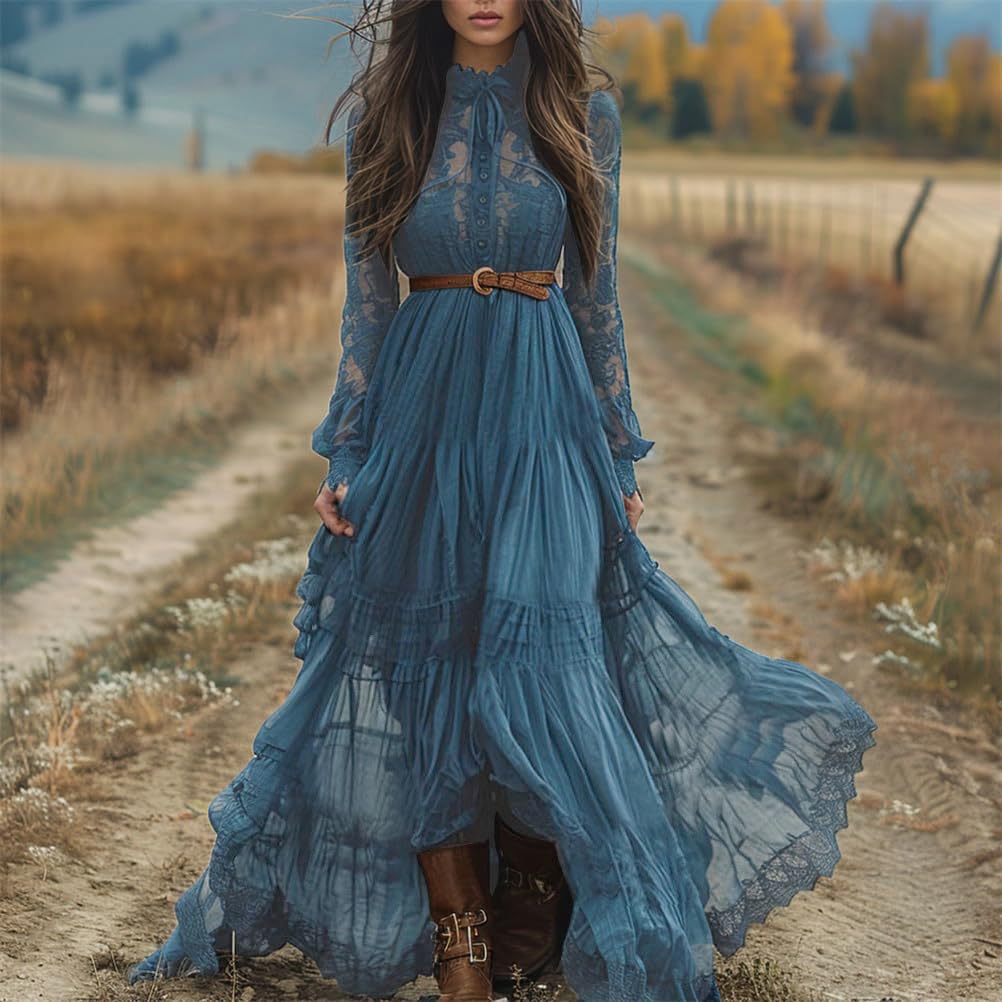 ORANDESIGNE Robe Longue Retro à Col en V et Manches Longues pour Femmes Robes en Mousseline de Soie Vintage Western Country Robe Décontractée d'automne