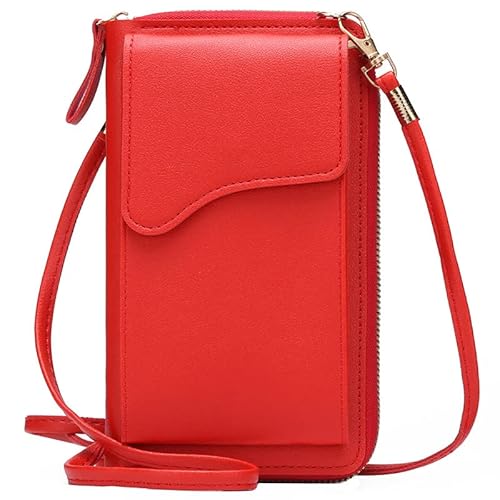 HoaaiGo Handytasche zum Umhängen, Handy Umhängetasche Leder Klein Damen, Kunstleder Crossbody Schultertasche, Phone Bag Handy Tasche Geldbörse mit Verstellbar Schultergurt unt 4 Kartenfächer (Rot)
