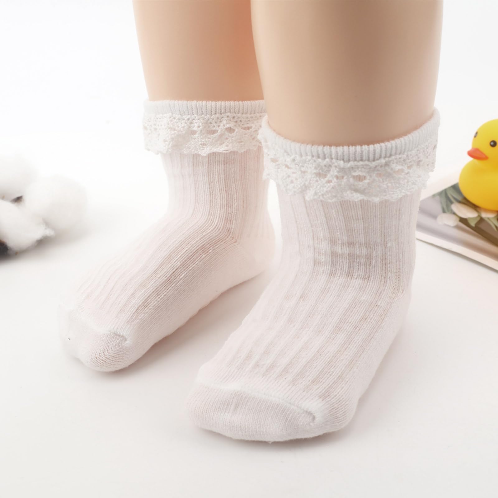 AQOKKA Calcetines para bebé niña con agarre antideslizante, bonitos volantes al tobillo, de algodón suave, calcetines para recién nacidos