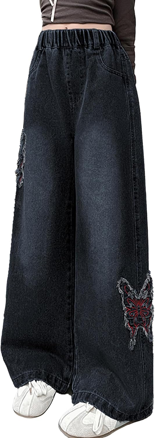 Happy Cherry Girl's Wide Leg Jeans Y2K Denim Pants Elastic Waist Baggy Jeans 5-13Years