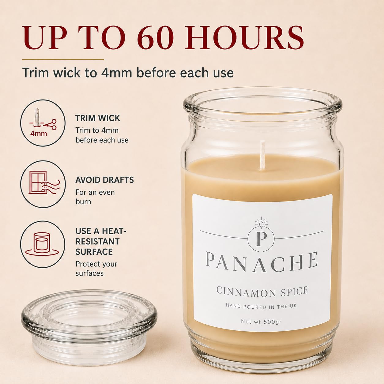 Panache Candela profumata alla cannella e spezie, barattolo di cera di soia da 500 g, combustione 60 ore, profumo classico speziato, ottimo regalo per donne, relax e decorazione