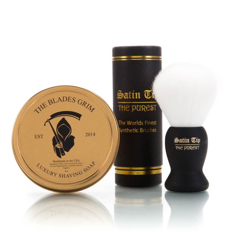 The Blades Grim & Satin Tip – White Synthetic Shave Brush & Smolder Soap Kit