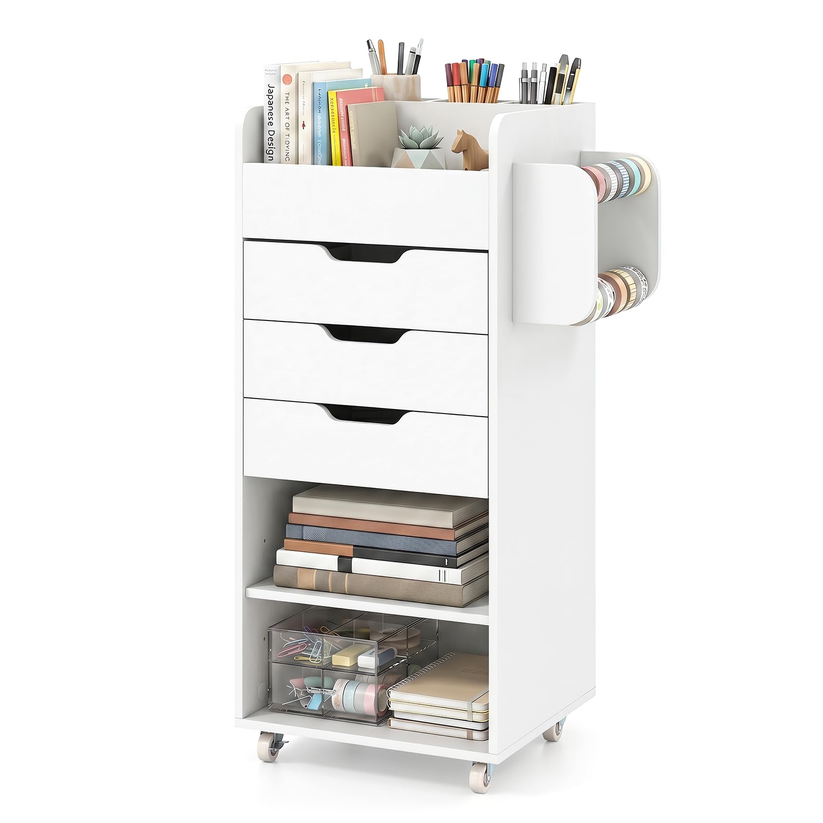 CASART Rolling File Cabinet, Freestanding Storage Cabinet with 3 Drawers, 2 Open Shelves & 2 Hanging Bars, Home Office Lateral Filing Cabinet
