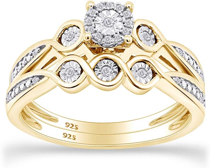 AFFY 1/10 Carat CT Round Cut White Natural Diamond Set Ladies Engagement Wedding Bridal Ring Set In 14k Gold Plated Sterling Silver (I-J Color, I2-I3 Clarity, 0.10 cttw)