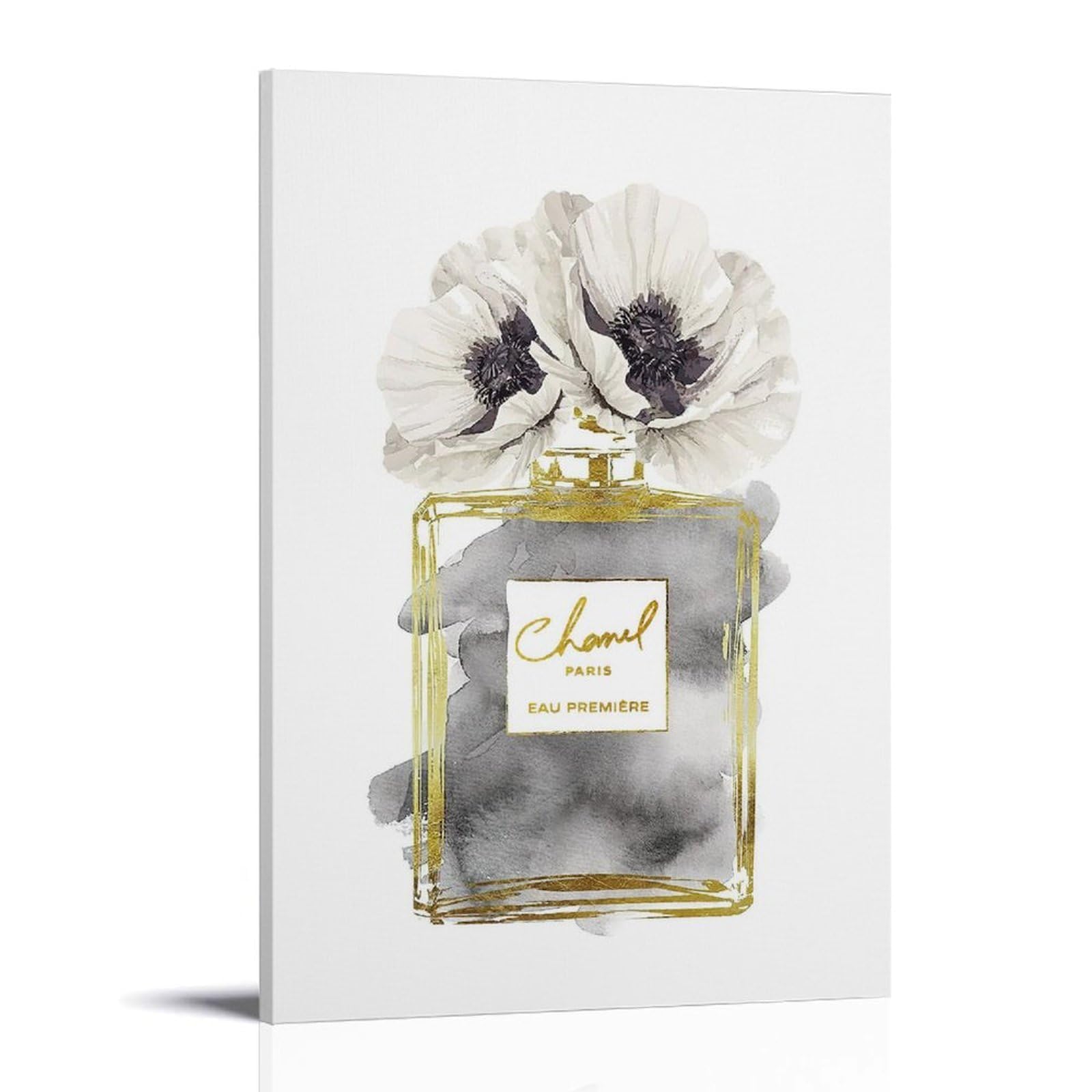 WEboL Fashion Gold Perfume Bottle Grey White Poppy Decorations for Bedroom Decorative Painting Canvas Wall Art Picture Print Modern Family Bedroom