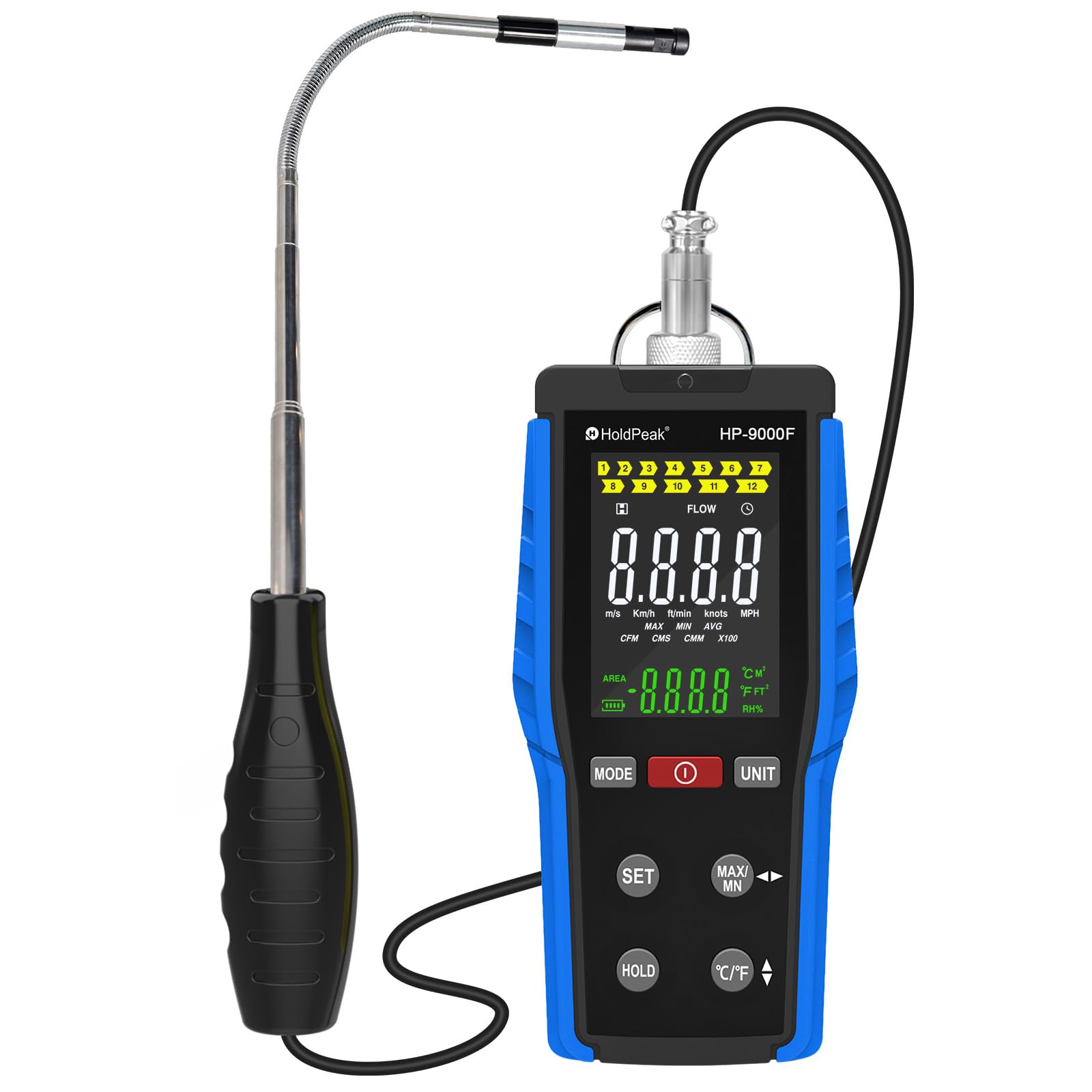 HOLDPEAK - Anemómetro digital con sensor de línea directa retráctil, medidor de velocidad del viento para medición de velocidad de flujo de aire y temperatura de alta precisión, apagado automático