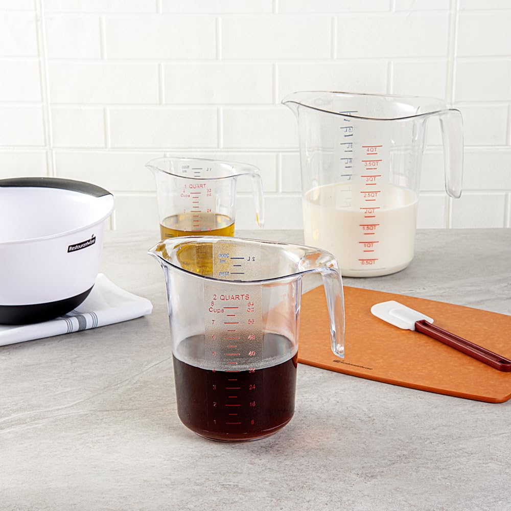RW Base - Tarros medidores de 2 cuartos de galón, 10 vasos de medición duraderos, unidades métricas e imperiales, boquilla en forma de V, tazas medidoras de plástico transparente, mango con agarre