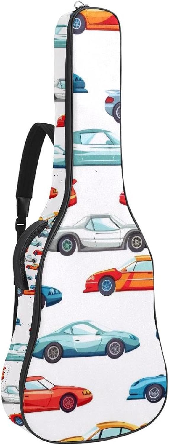 Cool Race Cars Seamless Pattern Acoustic Guitar Gig Bag, 1 cm Thick Padding Waterproof Guitar Bag Backpack for 40 41 42 Inch Electric Bass Classical Guitars