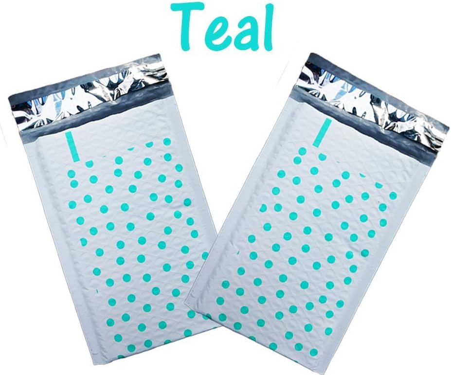 4"x 8" Hot Pink and Aqua Teal Polka Dot Poly Bubble Lined Mailing Envelopes, Self Seal Adhesive Colorful Designer 4x8 Padded Bags (Teal Polka Dot, Pack of 200)