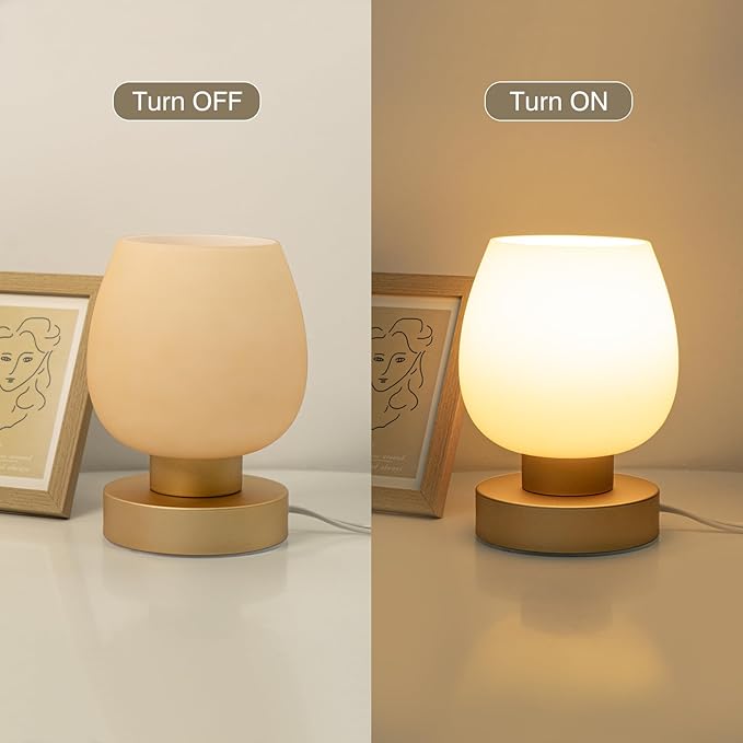 ONEWISH Touch Bedside Table Lamp Set of 2 - Small Modern Table Lamp for Bedroom Living Room Nightstand, 3-Way Dimable Desk lamp with Desert Titanium Color Glass Lamp Shade, 2700K LED Bulb, Simple Design photo 6